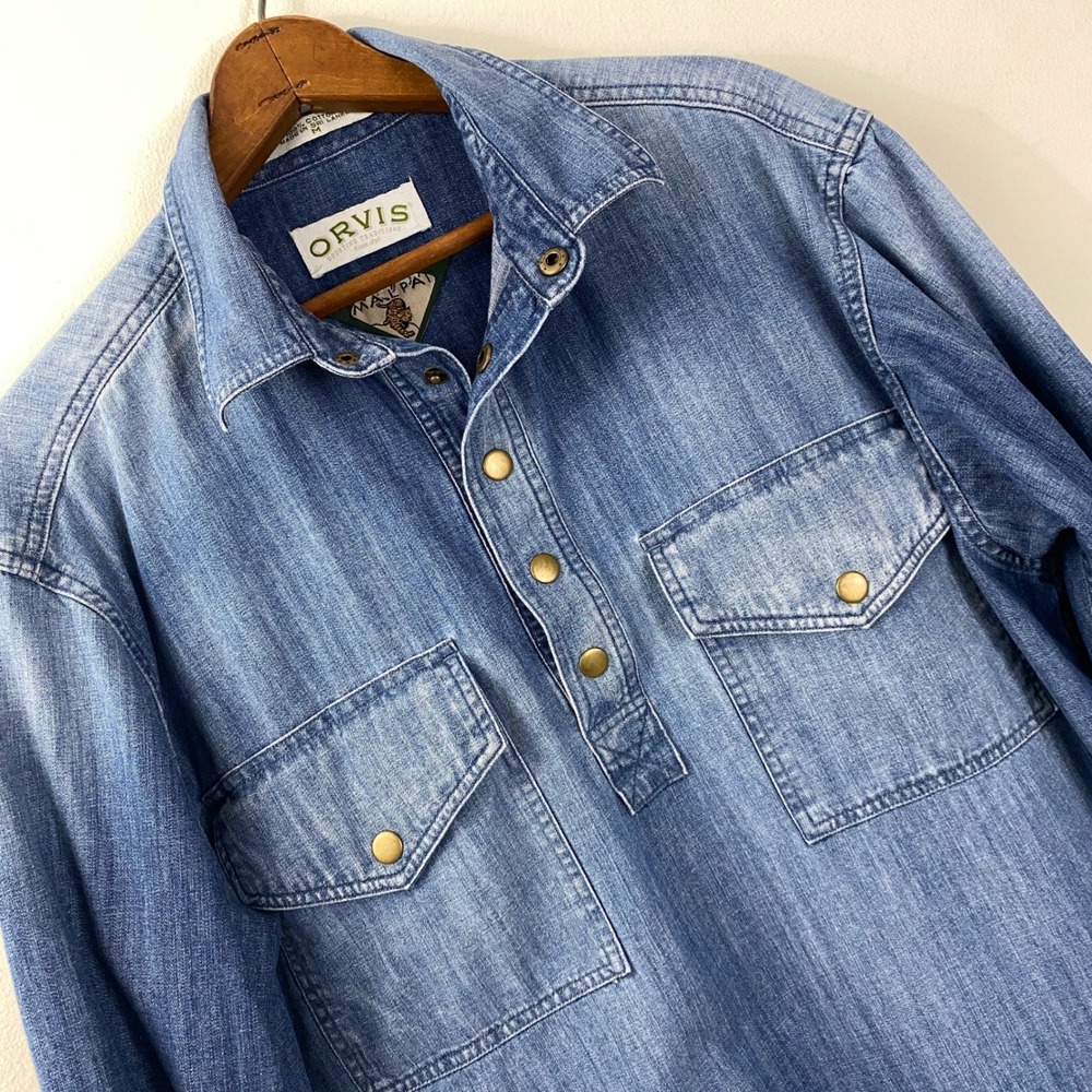 Orvis Denim Shirt M Malpai Blue Denim Metal Snap Popover Long Sleeve Western